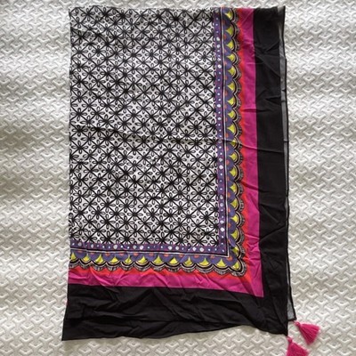 Geometric Pattern Rectangle Chiffon Scarf Black Pink Yellow White Tasseled Women
