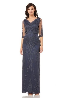 JS Collection Mineral Blue Scallop V Neck Embroidered Mesh Gown Size 12 $395
