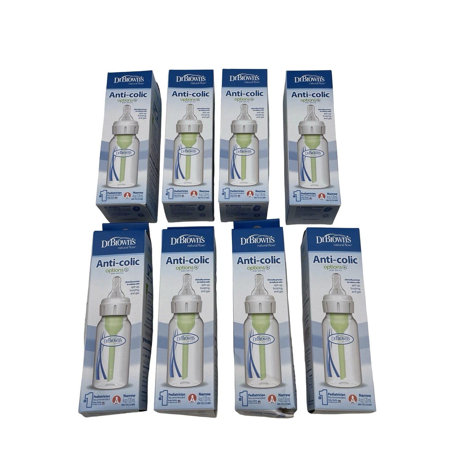 LOT OF 8 Dr. Brown’s Options+ Anti-Colic Narrow Neck Baby Bottle 120ml/4oz