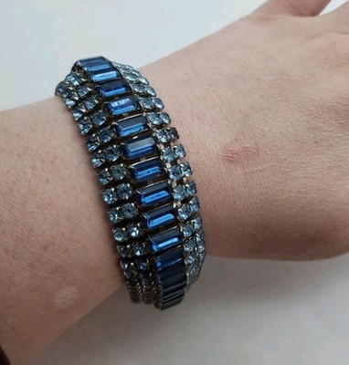 Huge Vintage Blue Rhinestones Chunky 5 Row Bracelet 7'' Montana Ice Blue 50s