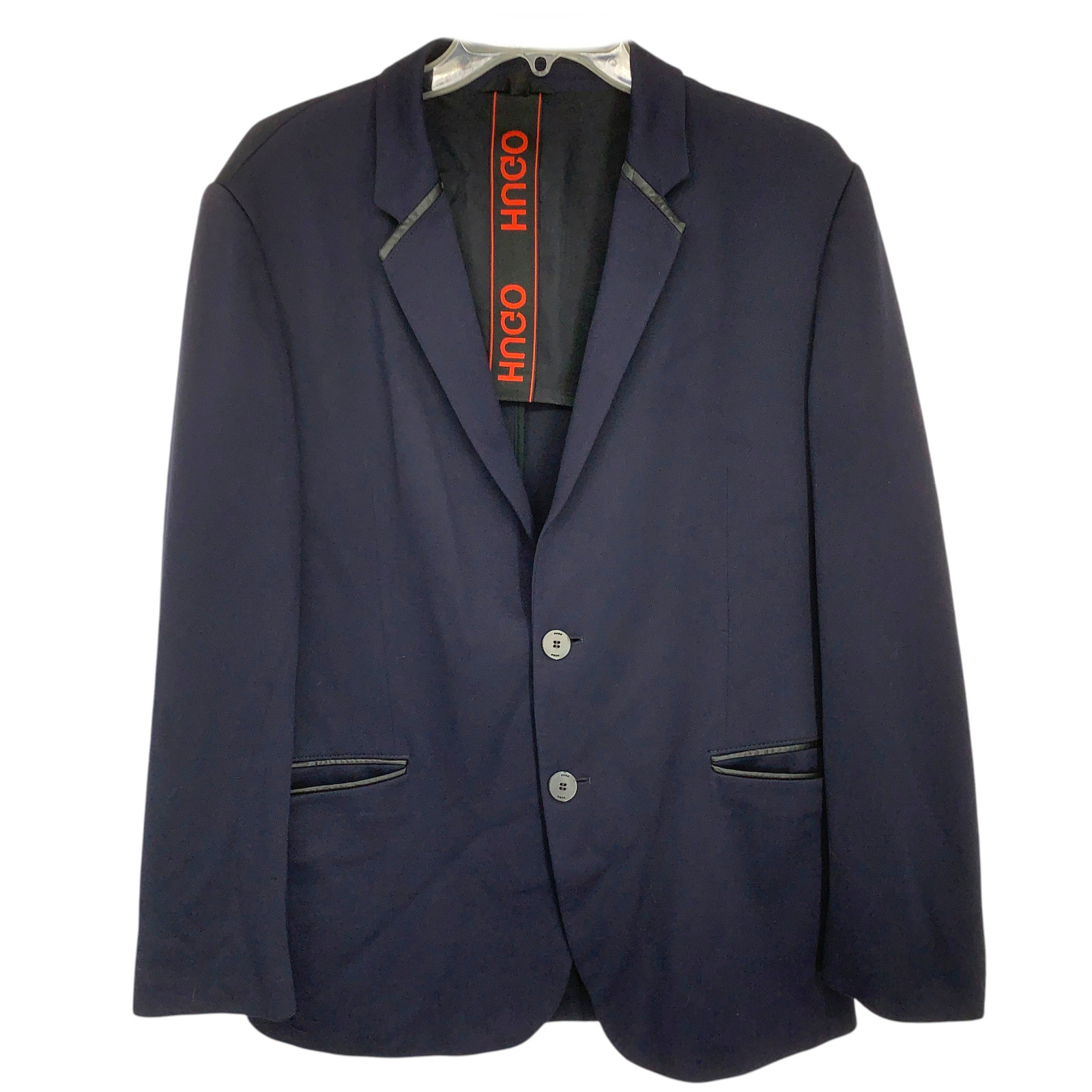 HUGO Hugo Boss Mens 40R Navy Wool Feel Blazer Leather Trim Unstructured Jacket - second product detail image