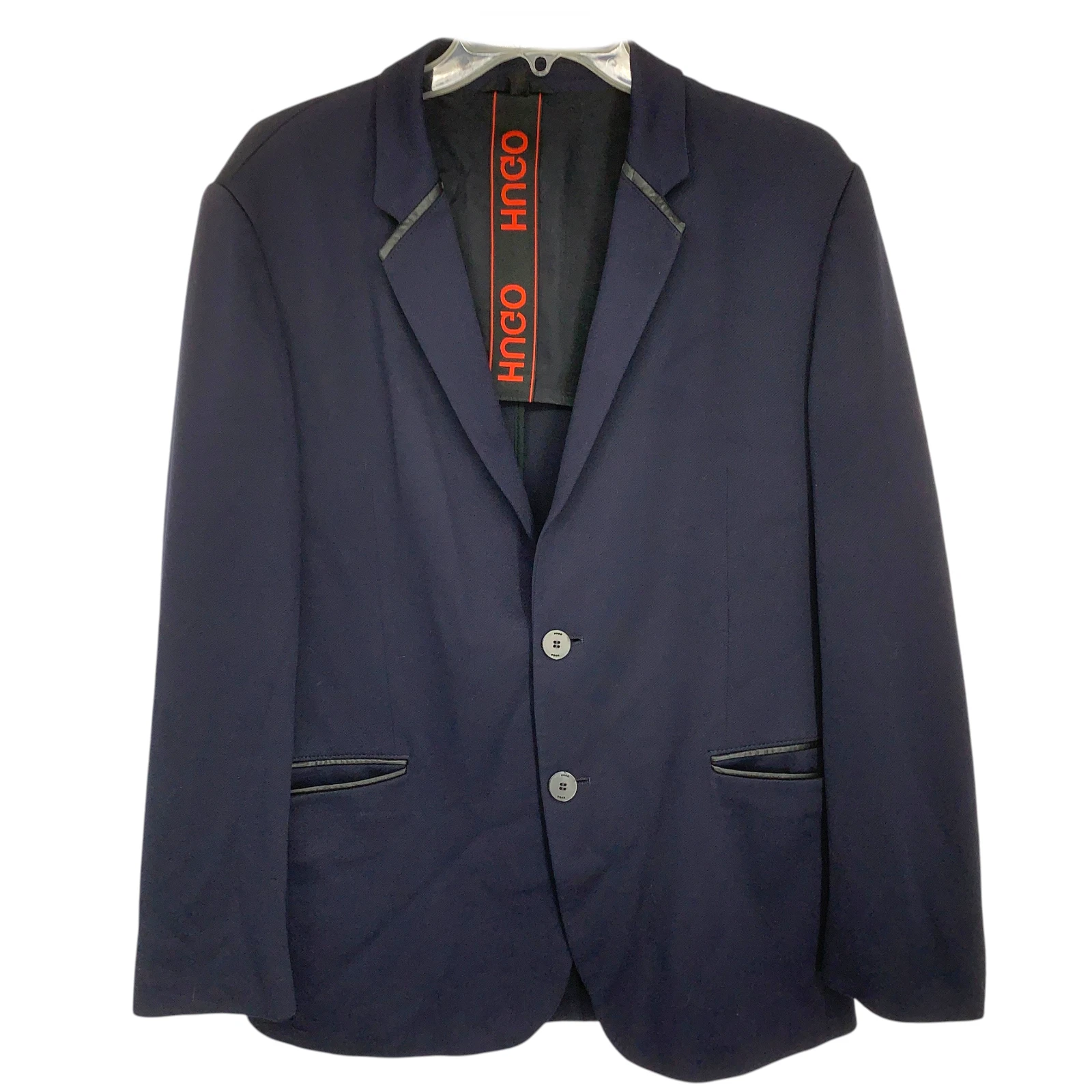 HUGO Hugo Boss Mens 40R Navy Wool Feel Blazer Leather Trim Unstructured Jacket - product detail image 2