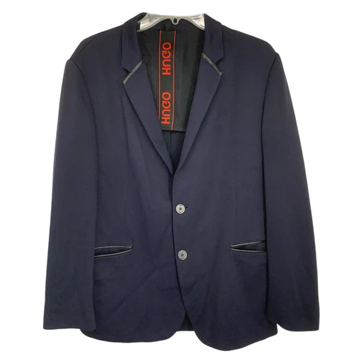 HUGO Hugo Boss Mens 40R Navy Wool Feel Blazer Leather Trim Unstructured Jacket image 2