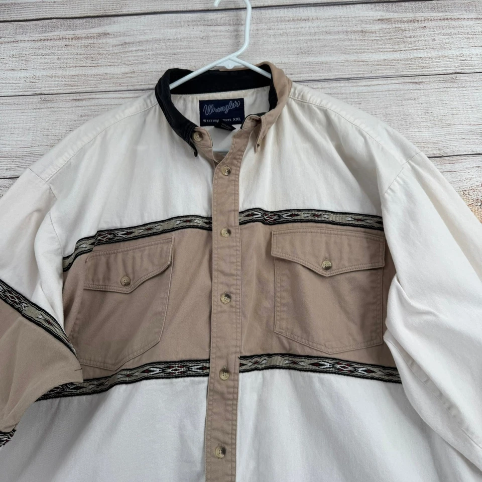 Vintage Wrangler Aztec Western Colorblock Pearl Snap Shirt Mens XXL Beige White - Image 3 of 4