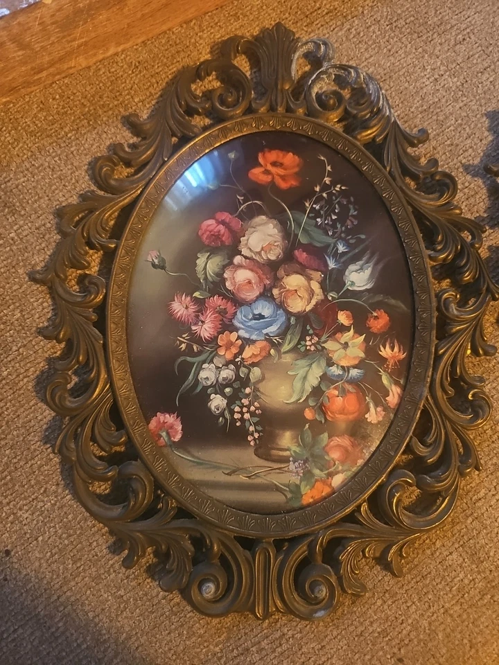 2 marcos de fotos grandes de latón ornamentado de colección ovalados florales victorianos Italia 13,5"x 10,5" Foto 2 de 4