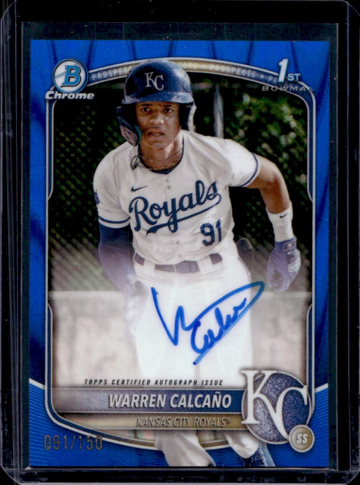 2025 Bowman Chrome Warren Calcano Auto Blue RayWave Refractor 1st Prospect #/150