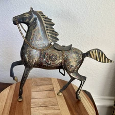 VTG Galloping Horse Figure Sculpture 10.5" Engraved Gold Bronze Hand Painted
