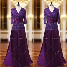 Purple V Neck 3/4 Sleeve Mother of The Bride Dresses Formal Evening Wedding Gown
