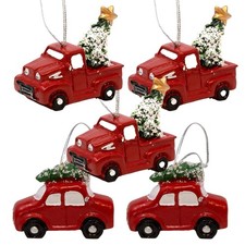 Red Truck Christmas Ornaments - 3 Pickup Trucks and 2 Cars Carrying Christmas...