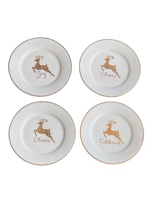 Gibson Celebration Gold Reindeer 4 Dessert Plates Excellent Used Condition 7.5 