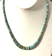Santo Domingo Graduated KIngman Turquoise Sterling 4-10mm Heishi  Necklace 20"
