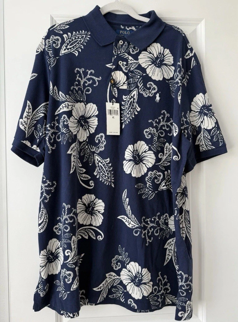 POLO RALPH LAUREN CLASSIC FIT "HIBISCUS" MESH SHIRT Navy Blue 2XLT NWT$125