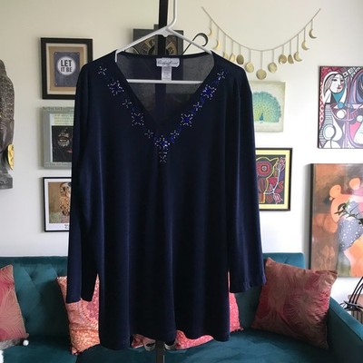 CAROLYN STRAUSS size 1X Navy Blue Stretch Jersey Studded V-Neck Tunic Top