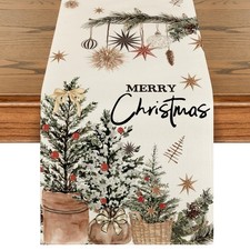 Artoid Mode Xmas Trees Holly Pine Cone Merry 13" x 72", Table Runner, Beige