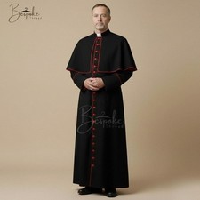 Custom Black Clergy Cassock with Red Trim  Detachable Cape Roman Priest Robe