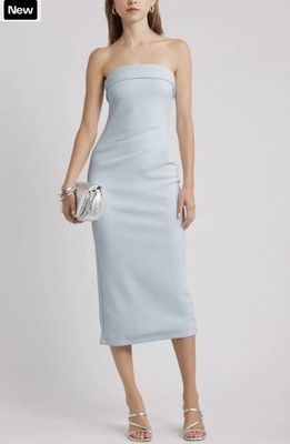 Open Edit Strapless Crepe Midi Dress Small Blue Delicate