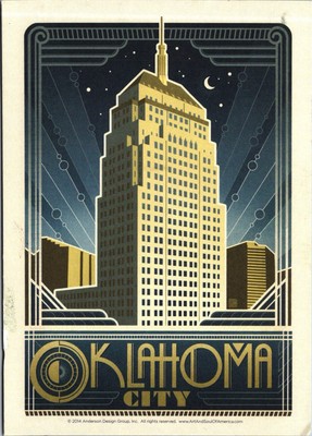 Oklahoma City Art Deco Night Building Architectural Illustration Postcard