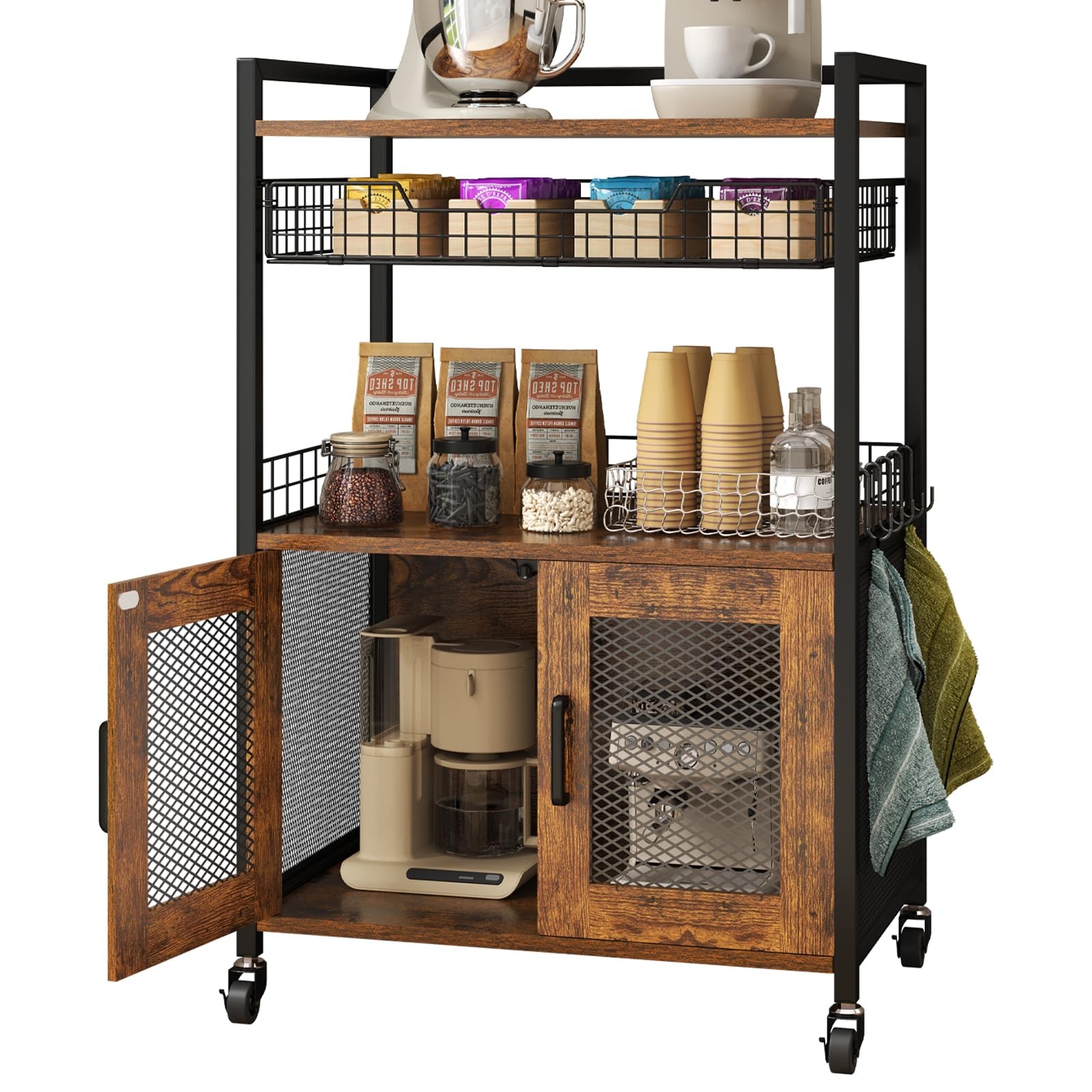 Coffee Bar Cabinet, 3 Tier Coffee Station Table on Wheels, 35.9" H Bar Cart w...