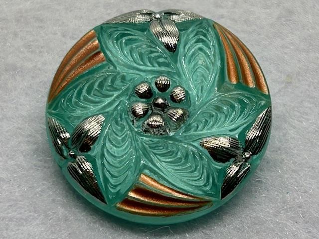 STUNNING LARGE  AQUA GOLD SILVER VINTAGE BOHEMIAN CZECH GLASS BUTTON