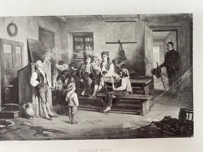 FORBIDDEN FRUIT Carl Schloesser SMOKING in SCHOOL 1800s Photogravure Gebbie & co