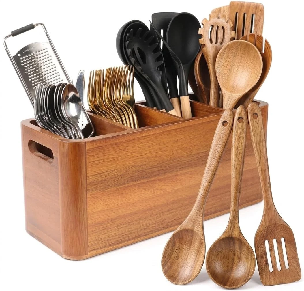 Kitchen Utensil Holder for Countertop with 3-Piece Wooden Utensil Set, Extra ...
