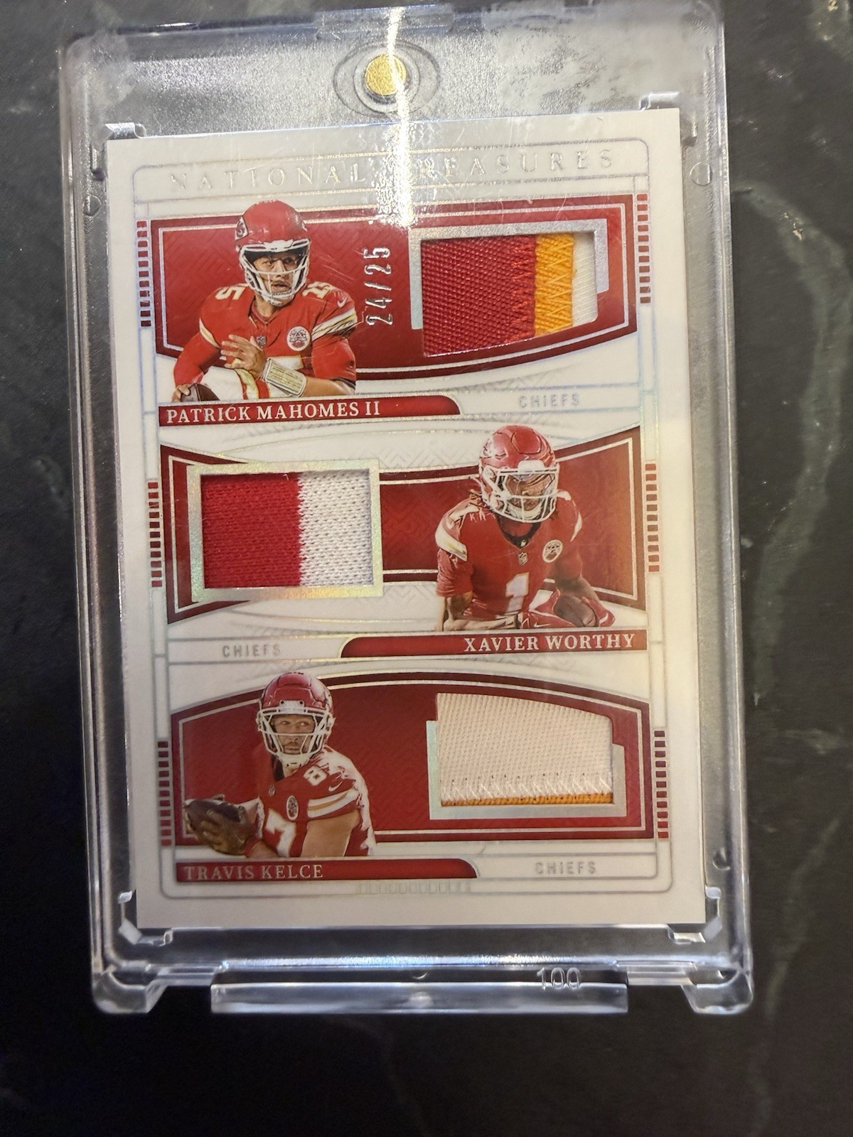 Mahomes Kelce Worthy 2024 National Treasures Triple Patch 24 of 25 Panini view 3