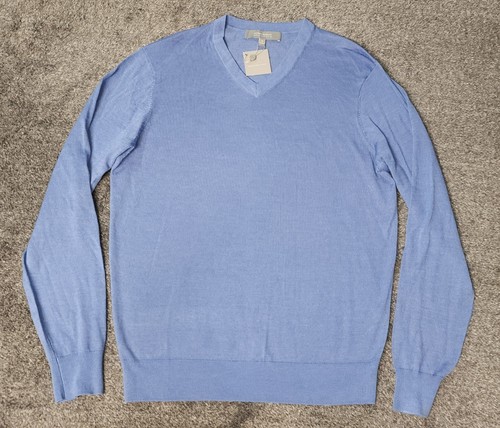 NEW NEIMAN MARCUS Extrafine Merino Wool & Silk Light Blue V-Neck Sweater Size L - Picture 2 of 7