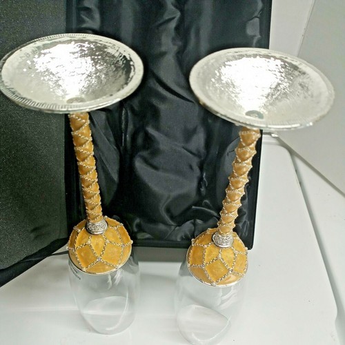 Champagne Toasting Glass Flutes Gold stems Inlaid Crystals Unique Boxed - Picture 6 of 11