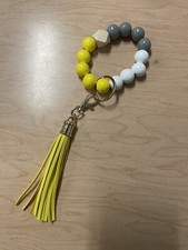 Yellow, Grey  White Wooden Beaded Wristlet Keychain With Tassel
