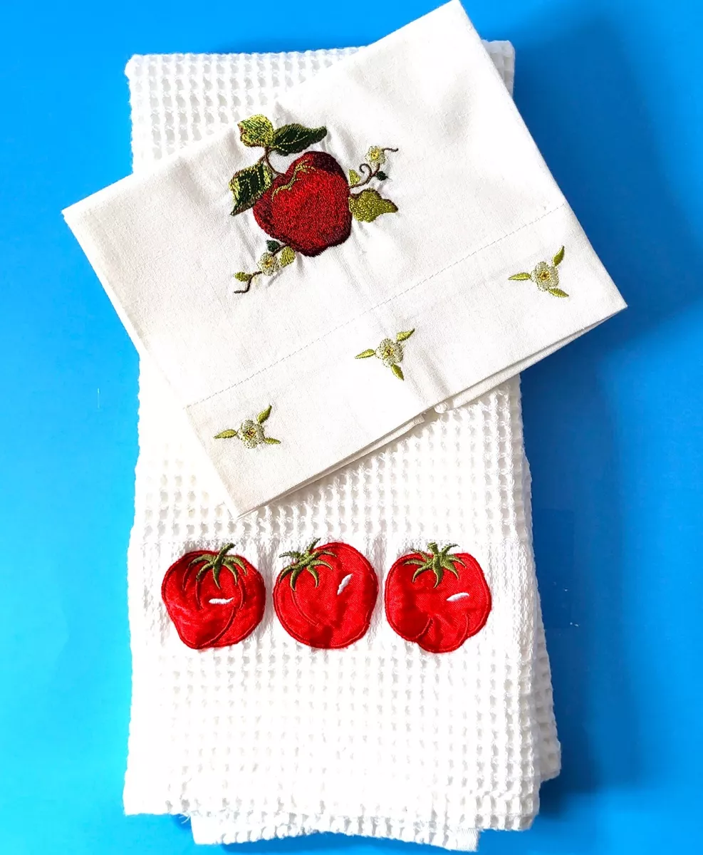 Set White Appliqued Red Apple Tea Towel Tomato Waffle Weave