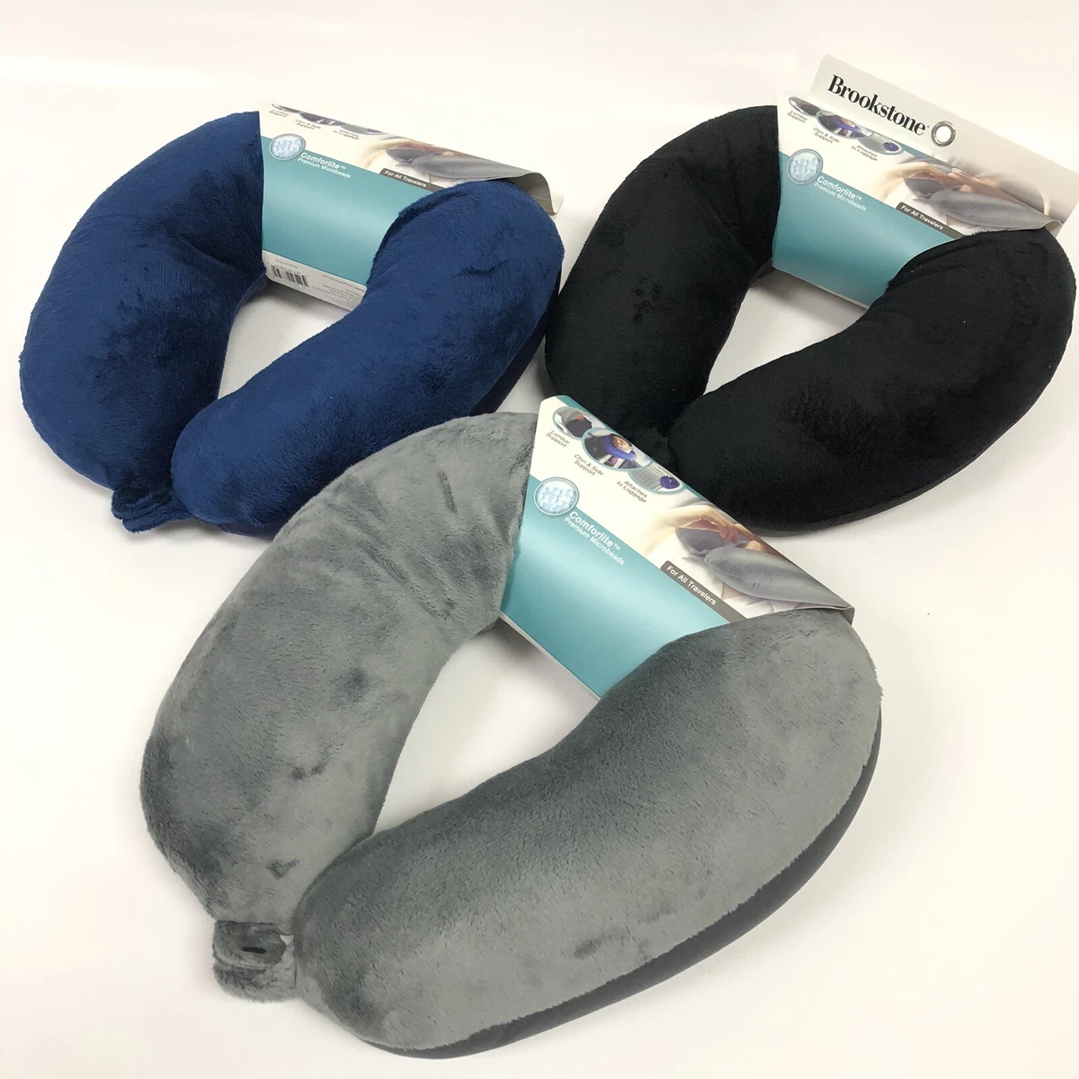 New Brookstone Soft Microbead Travel Pillow Neck/Lumbar Choose  Gray/Blue/Black