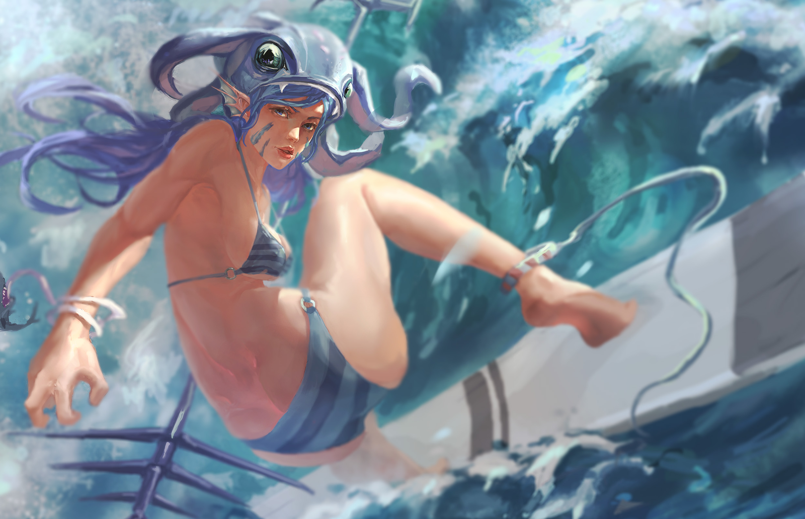 Anime fantasy art blue-haired woman legs playmat for gaming or desk