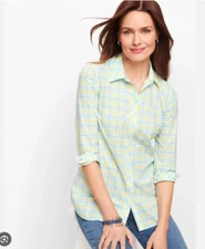 Talbots Bright Colorful Pastel Gingham Plaid Collared Cotton Button-Up Size XL