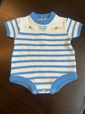 Vintage Knit Carters Baby Romper 1960s 1970s Blue Elephant Striped Sweater 0-6M