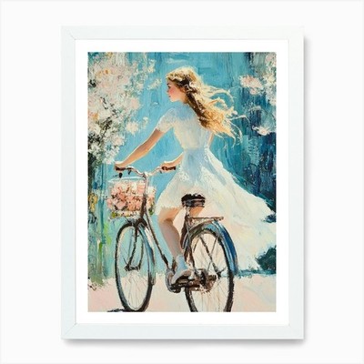 A Girl In A White Dress Rides A Bic Framed Wall Art Poster Canvas Print Picture