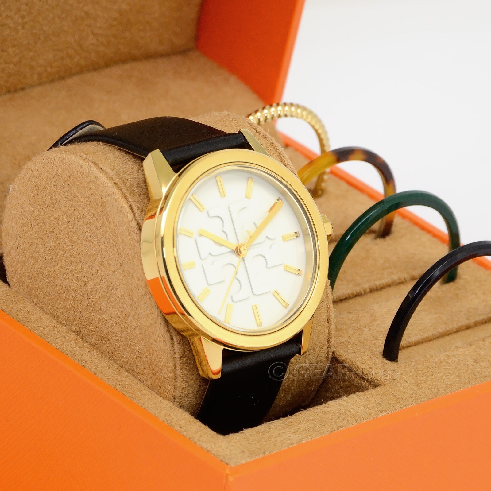 Tory Burch Gigi Womens Gold Watch Set, Interchangeable Bezel, Black Leather Band