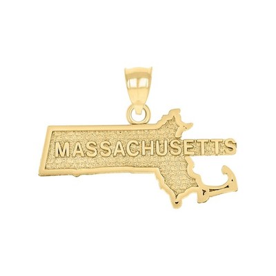 Genuine 10K Yellow Gold Textured 1.15'' Charm USA State Massachusetts Map Pendant