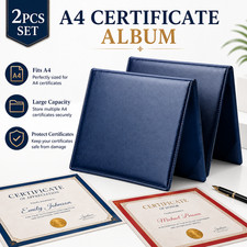 2PCS A4 Certificate Album, PU Leather Portfolio Holder for Diplomas and Awards