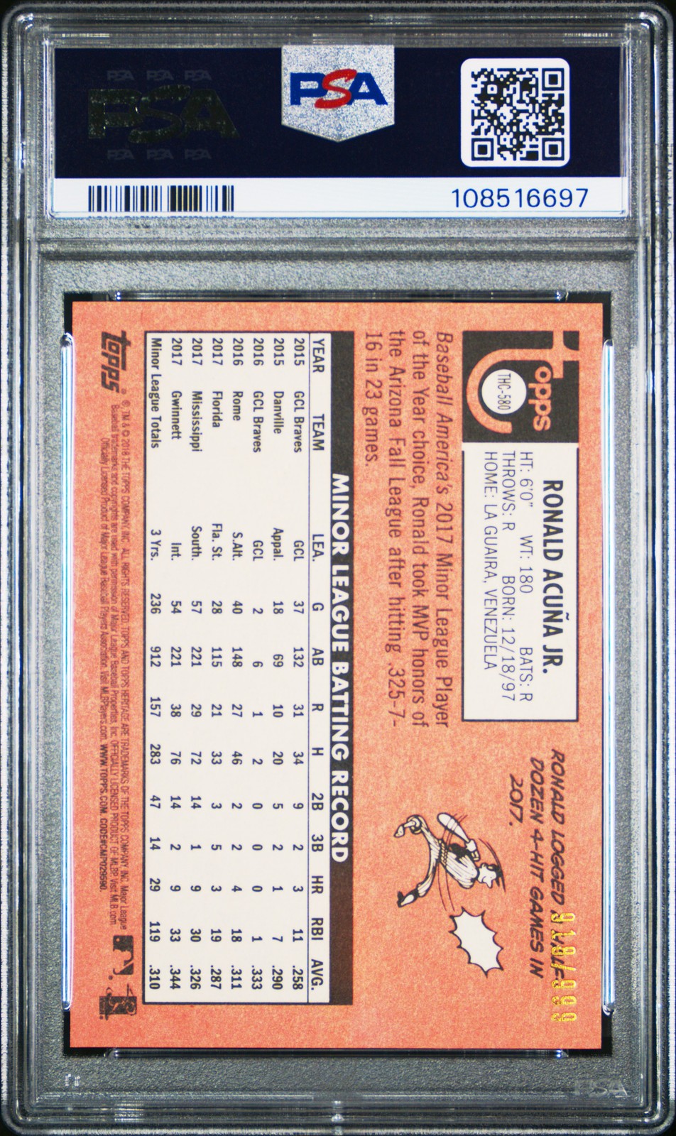 2018 TOPPS HERITAGE CHROME #580 RONALD ACUNA JR. ROOKIE RC 918/999 PSA 10 view 2