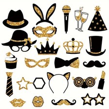 24 Pcs Party Photo Booth Props Party Picture Pose Supplies Gold And Black Kit Fo