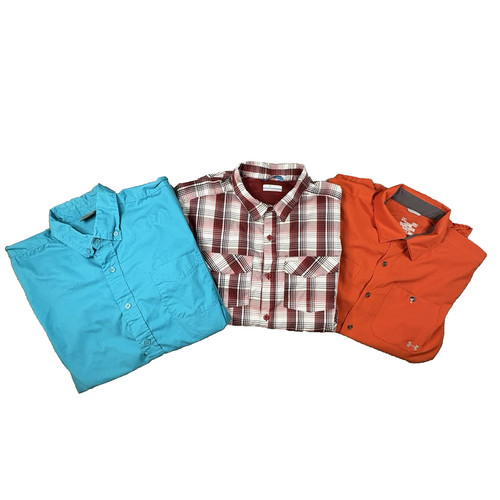 MIXED LOT OF 3 Men's L Bass Pro/Columbia/UA SS Fishing Button Ups SEE DESCRIPTIO
