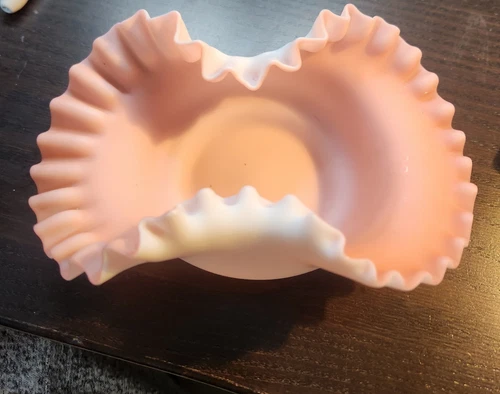 Vintage Fenton Pink Ruffled Bowl-Milk White Exterior