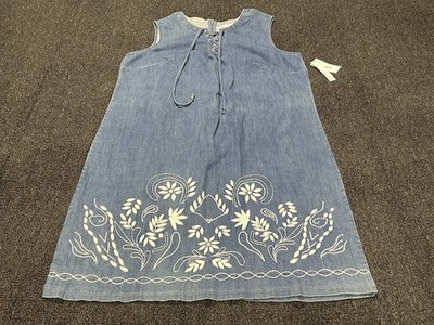 Dress Barn Woman Plus Size 10 Denim Blue Embroidered Flowers Sleeveless Dress