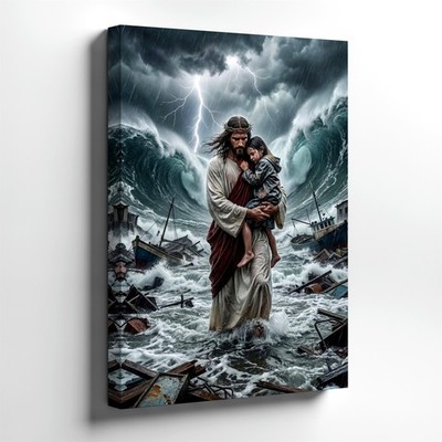 Canvas Stormy Sea Savior Carrying Child Lightning Waves Religious Living Decor
