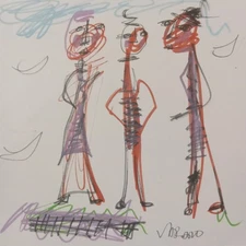 ORIGINAL VINTAGE OOAK ABSTRACT EXPRESSIONISM CUBIST STICK FIGURE INK DRAWING 