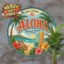 Aloha Tropical Beach Inspired Round Metal Sign Retro Summer Decor 8x8