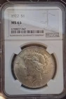 1922 Peace Silver Dollar $1 Coin NGC MS63