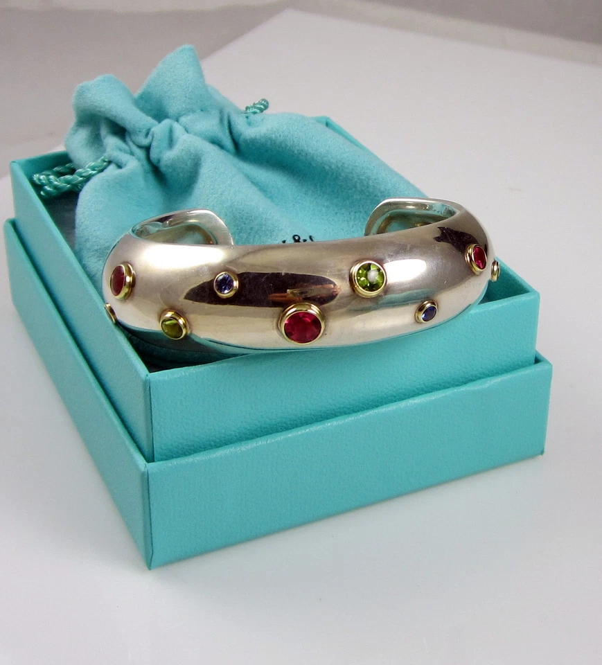 Tiffany & Co Silver 18K Gold Tourmaline Peridot Etoile Sapphire Cuff Bracelet - Image 2 of 4