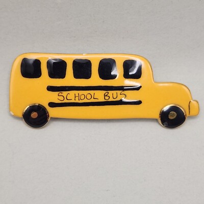 Vintage Yellow School Bus Brooch Black Gold Enamel Teaching Education Pin Read