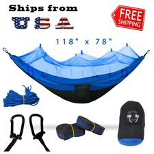 Double Outdoor Parachute Nylon Hammock with Mosquito Net Blue - X-Large